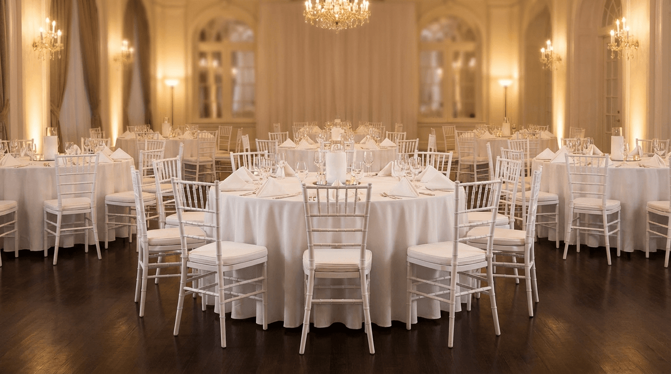 Ronde tafels met stoelen in een feestzaal